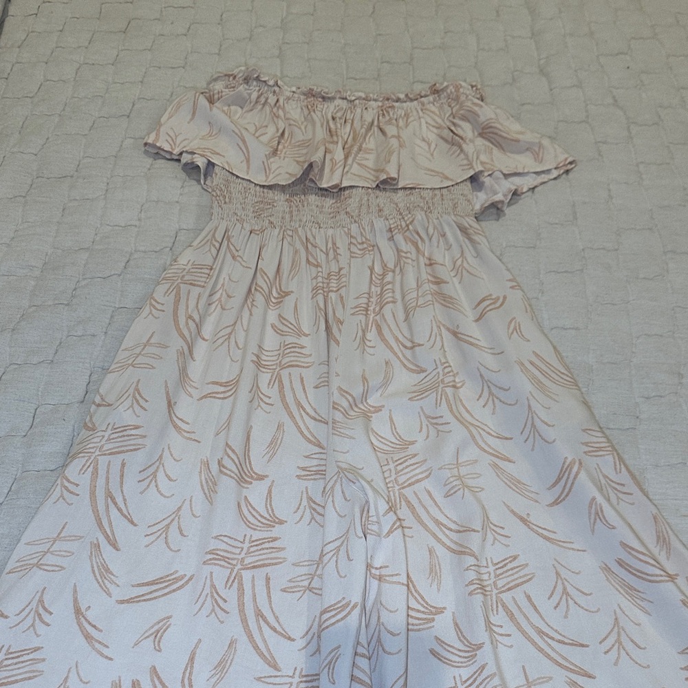 Off-Shoulder Cream Kids Dress with Soft Tan Print
